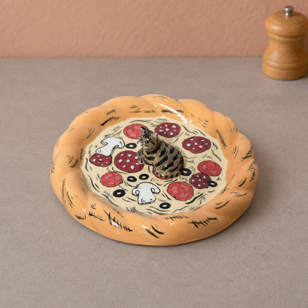 Pizza Dish - Brown Tabby Cat Curled Up Sleeping - Blush Pink Background 01