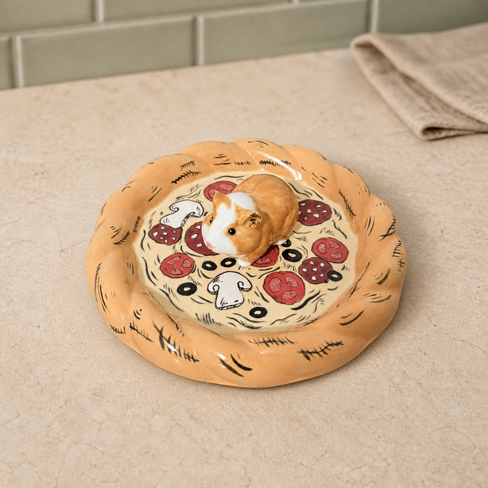 Pizza Dish - Tan & White Guinea Pig Standing - Warm Beige Background 01