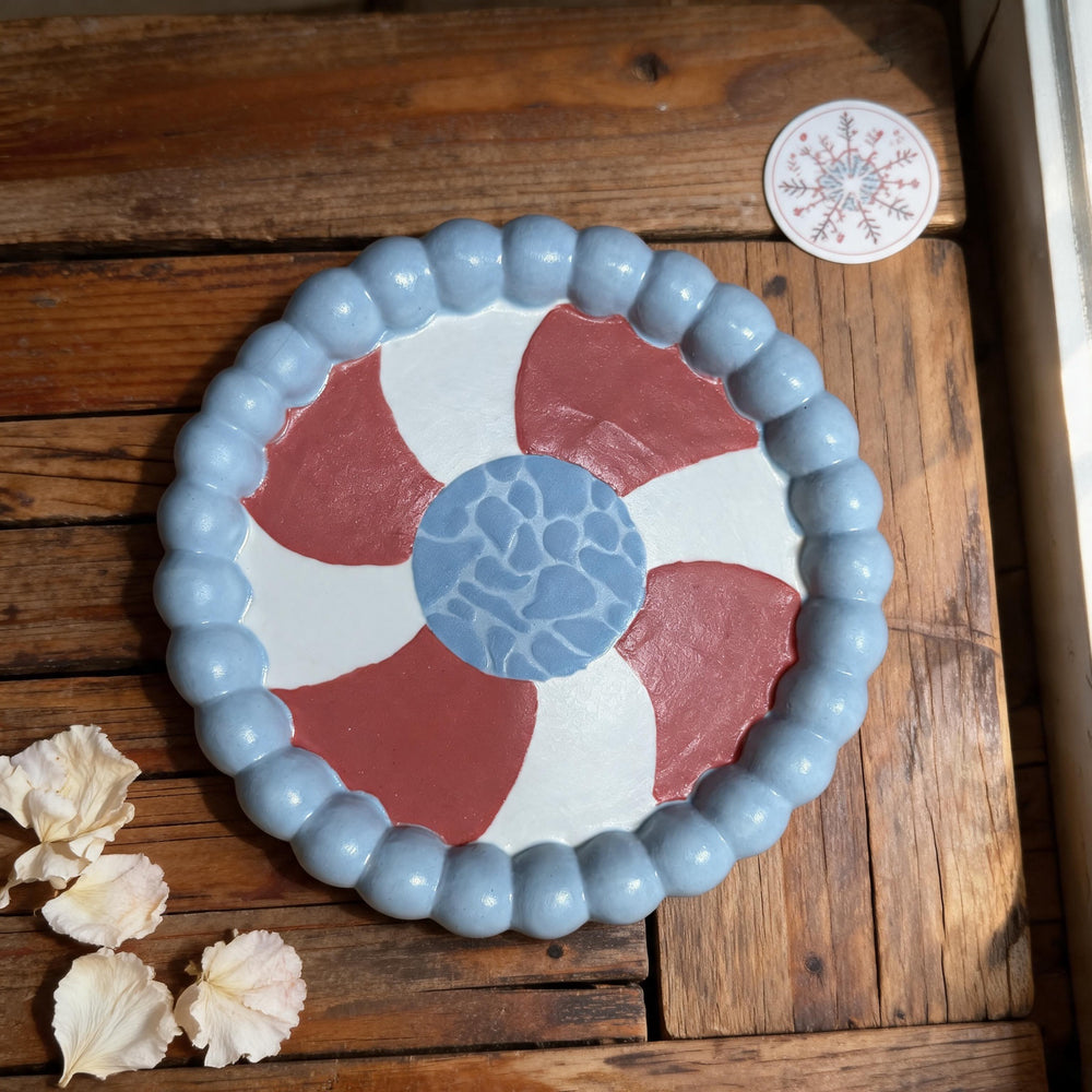 White Red Blue Buoy Trinket Dish Underglaze Ceramics Original Art 2